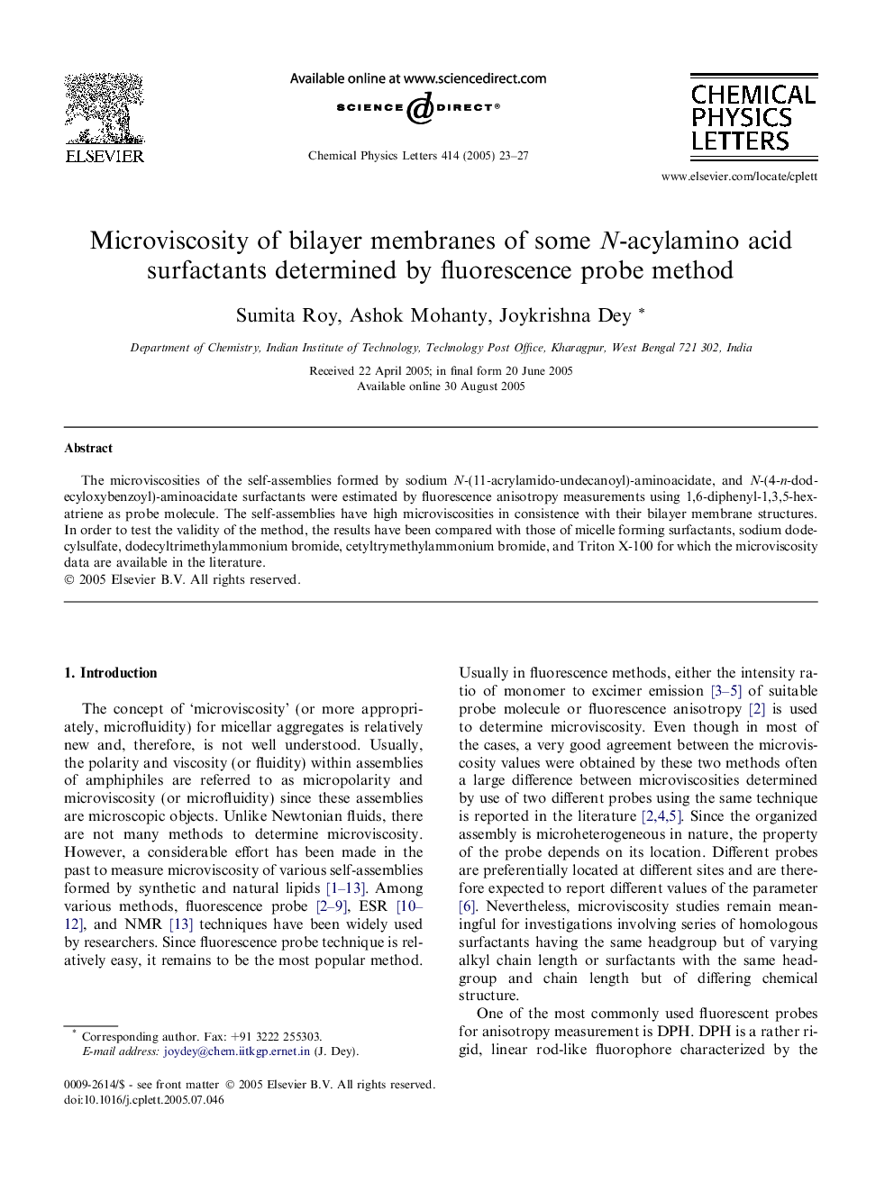 Microviscosity of bilayer membranes of some N-acylamino acid surfactants determined by fluorescence probe method