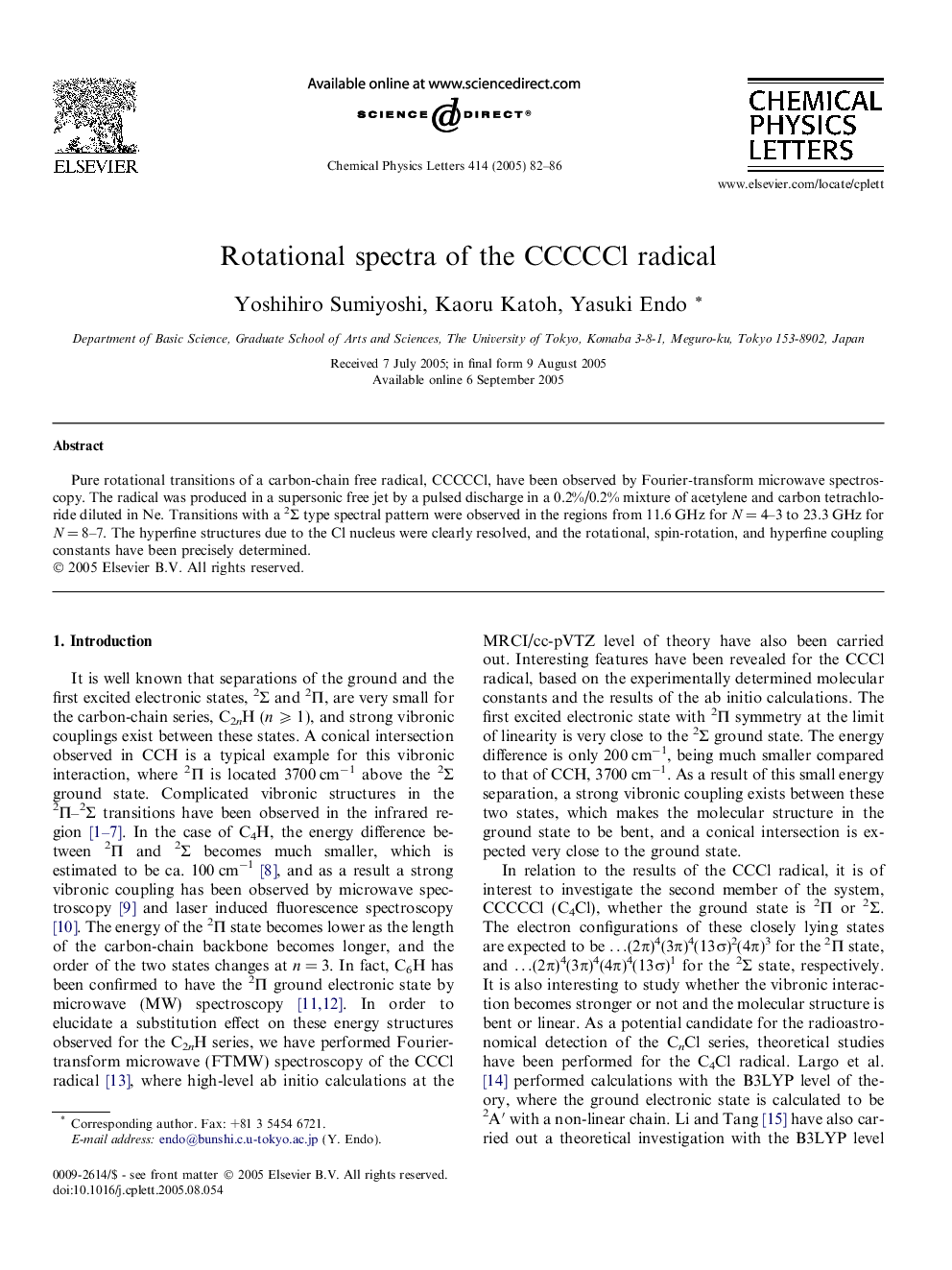 عکس صفحه اول مقاله: Rotational spectra of the CCCCCl radical Rotational spectra of the CCCCCl radical