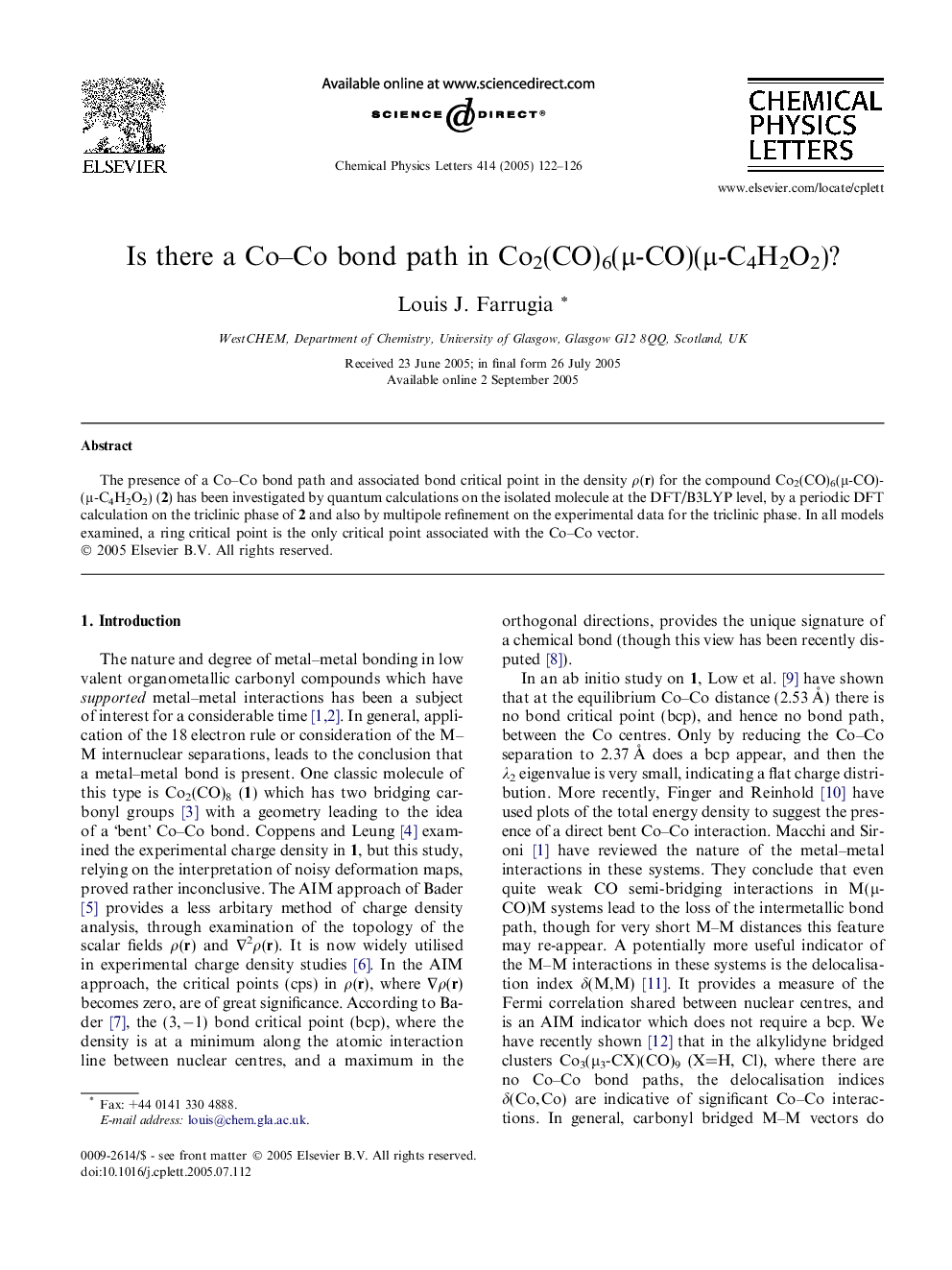 Is there a Co-Co bond path in Co2(CO)6(Î¼-CO)(Î¼-C4H2O2)?