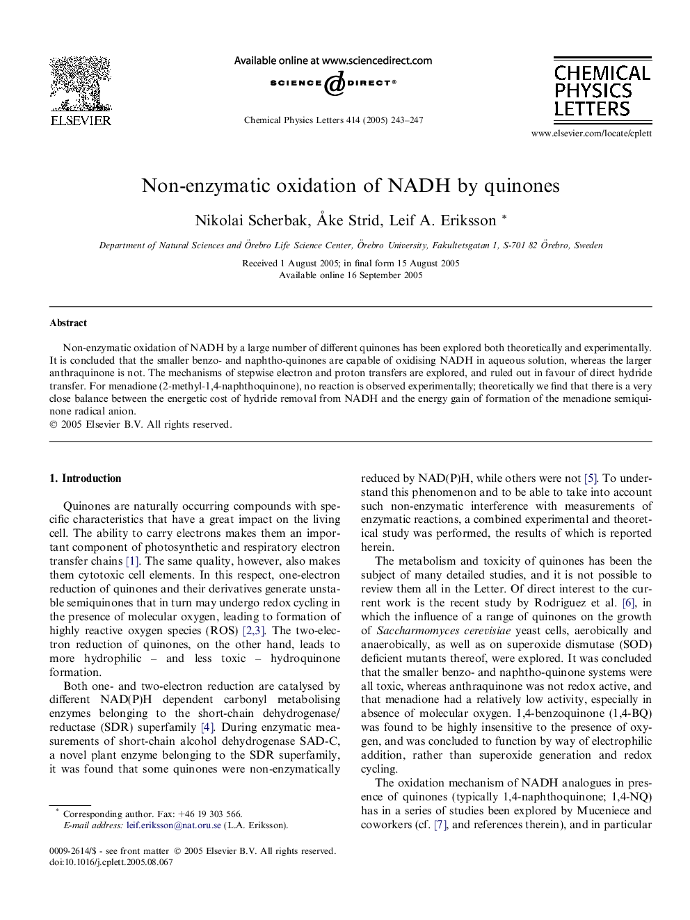 Non-enzymatic oxidation of NADH by quinones