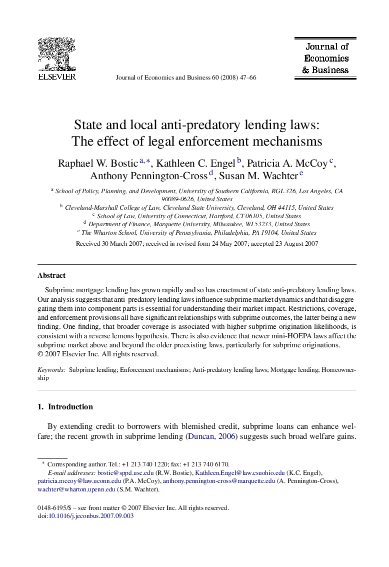 State and local anti-predatory lending laws: The effect of legal enforcement mechanisms