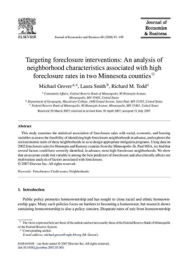 Targeting foreclosure interventions: An analysis of neighborhood characteristics associated with high foreclosure rates in two Minnesota counties 