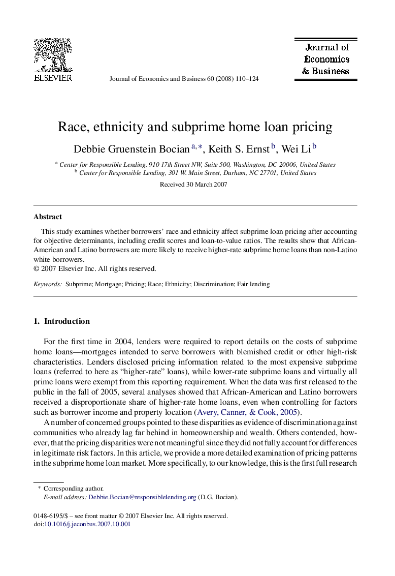 Race, ethnicity and subprime home loan pricing
