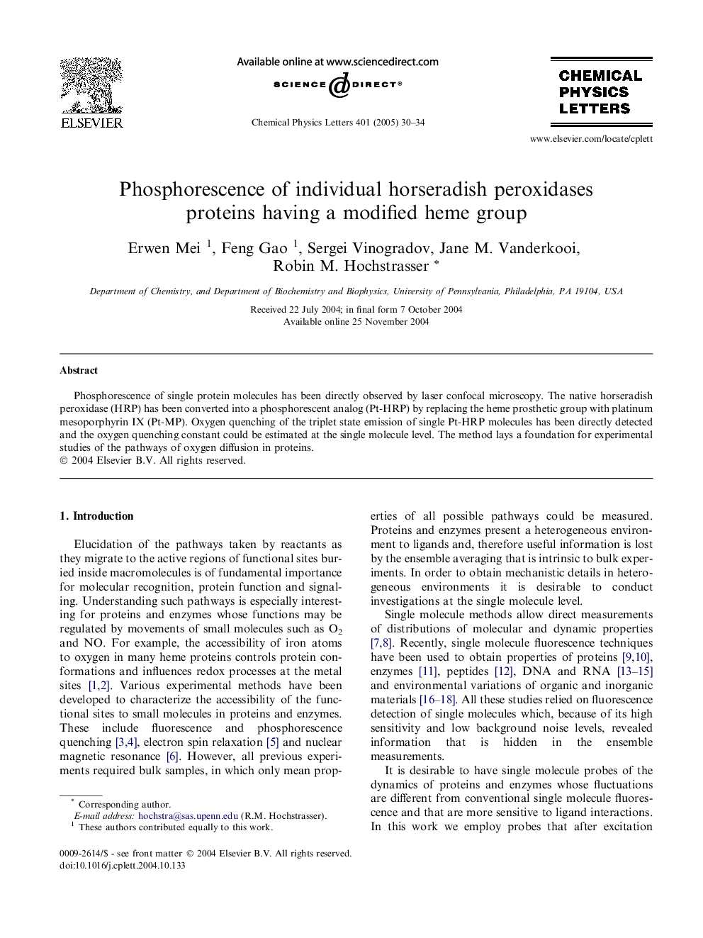 Phosphorescence of individual horseradish peroxidases proteins having a modified heme group