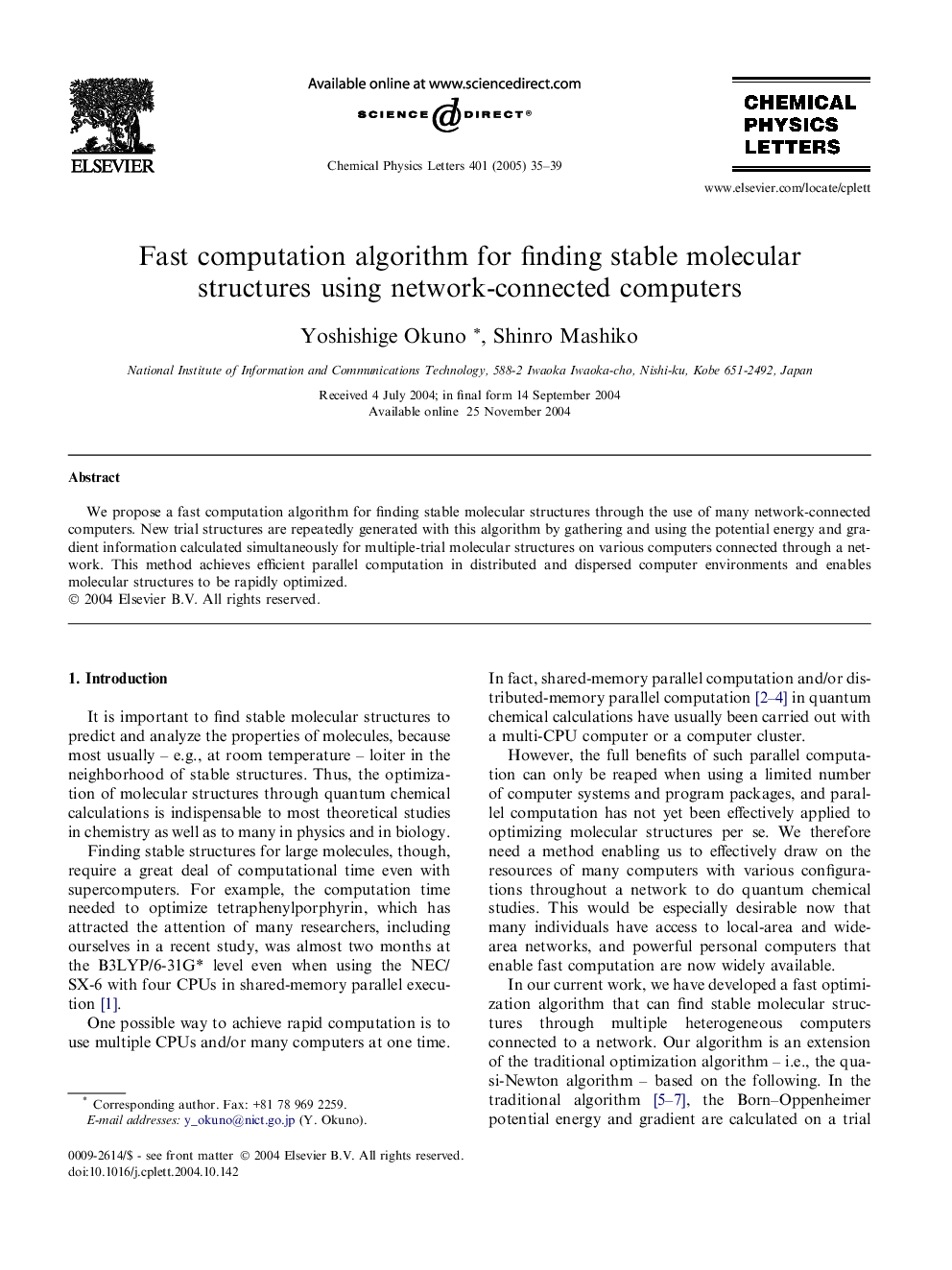 Fast computation algorithm for finding stable molecular structures using network-connected computers