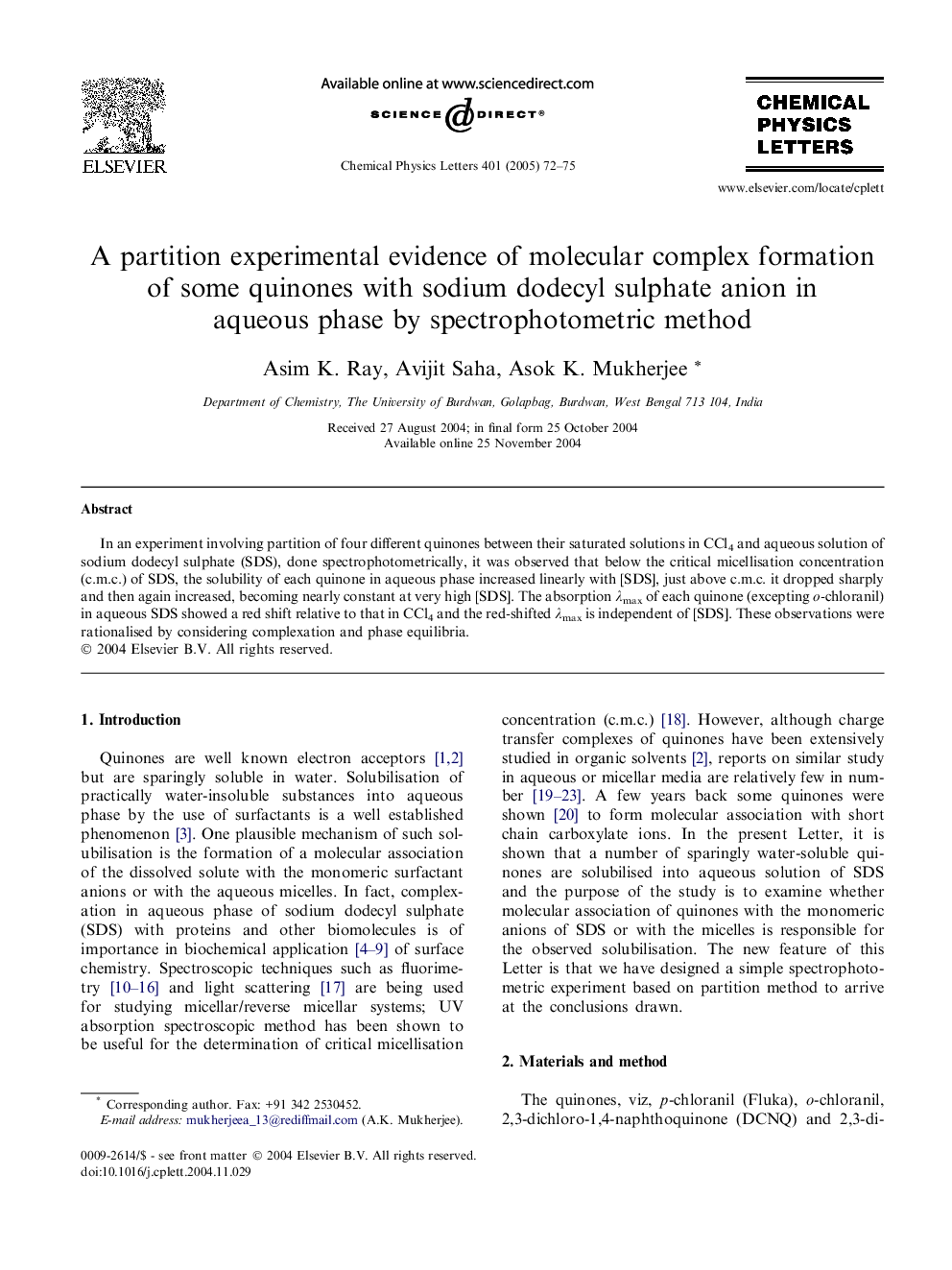 A partition experimental evidence of molecular complex formation of some quinones with sodium dodecyl sulphate anion in aqueous phase by spectrophotometric method