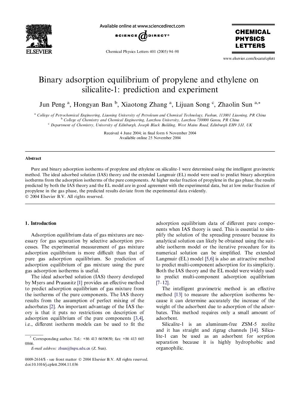 Binary adsorption equilibrium of propylene and ethylene on silicalite-1: prediction and experiment