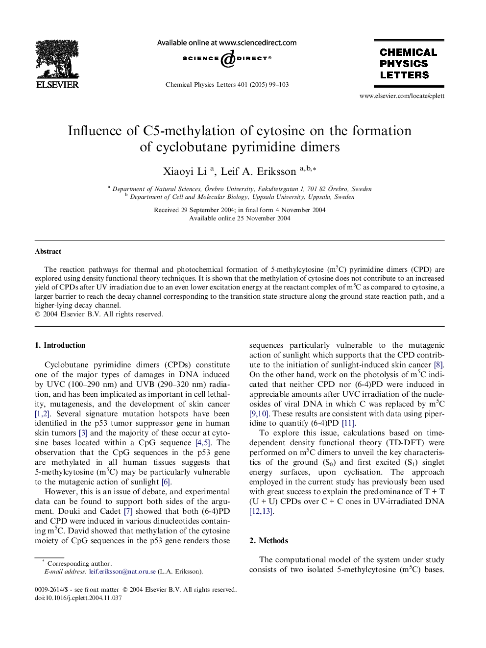 عکس صفحه اول مقاله: Influence of C5-methylation of cytosine on the formation of cyclobutane pyrimidine dimers Influence of C5-methylation of cytosine on the formation of cyclobutane pyrimidine dimers