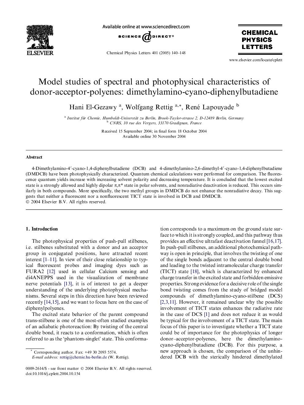 Model studies of spectral and photophysical characteristics of donor-acceptor-polyenes: dimethylamino-cyano-diphenylbutadiene