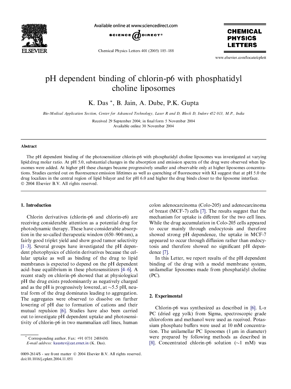 pH dependent binding of chlorin-p6 with phosphatidyl choline liposomes