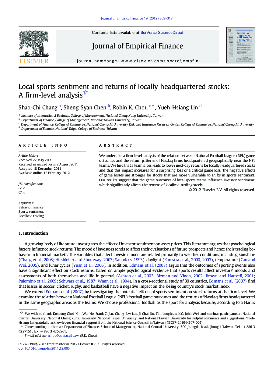 Local sports sentiment and returns of locally headquartered stocks: A firm-level analysis 