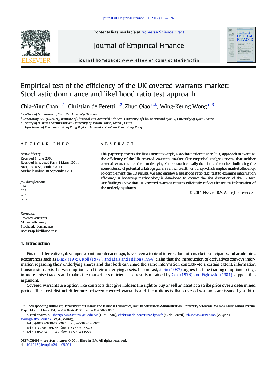 Empirical test of the efficiency of the UK covered warrants market: Stochastic dominance and likelihood ratio test approach