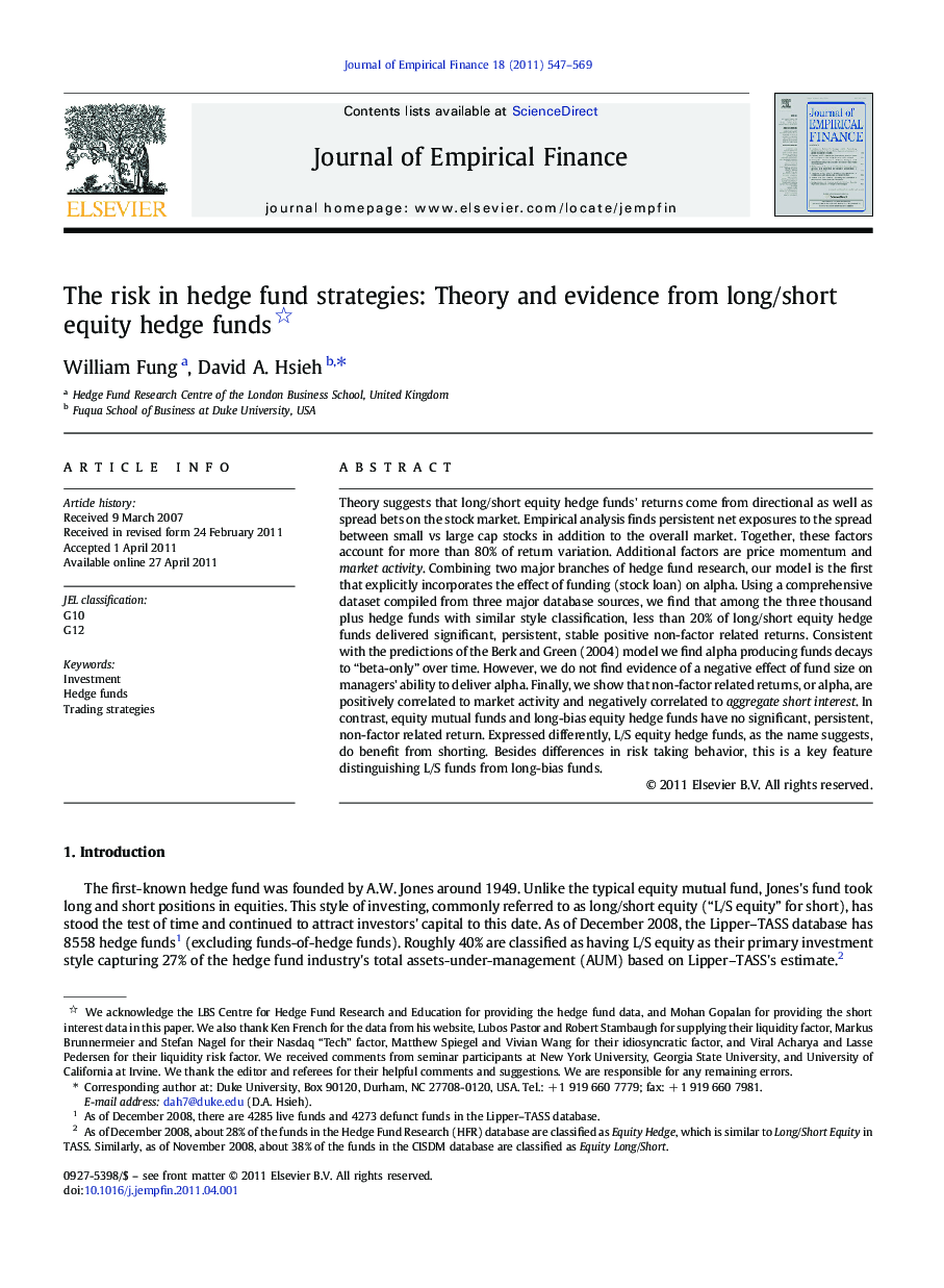 The risk in hedge fund strategies: Theory and evidence from long/short equity hedge funds 