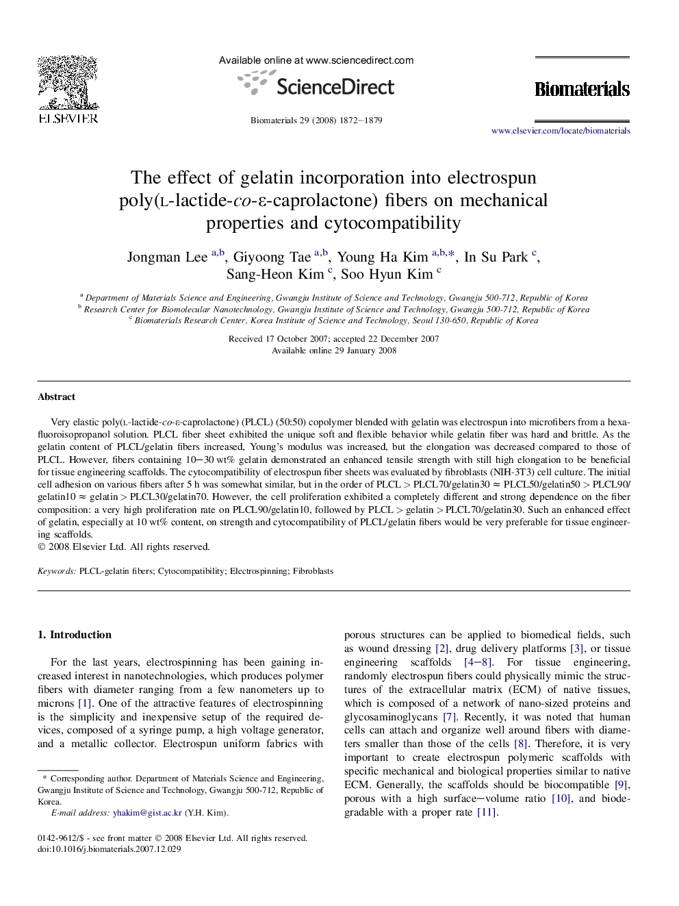 The effect of gelatin incorporation into electrospun poly(l-lactide-co-ɛ-caprolactone) fibers on mechanical properties and cytocompatibility