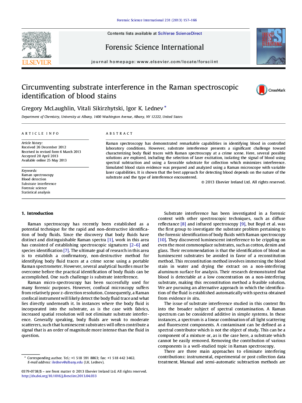 Circumventing substrate interference in the Raman spectroscopic identification of blood stains