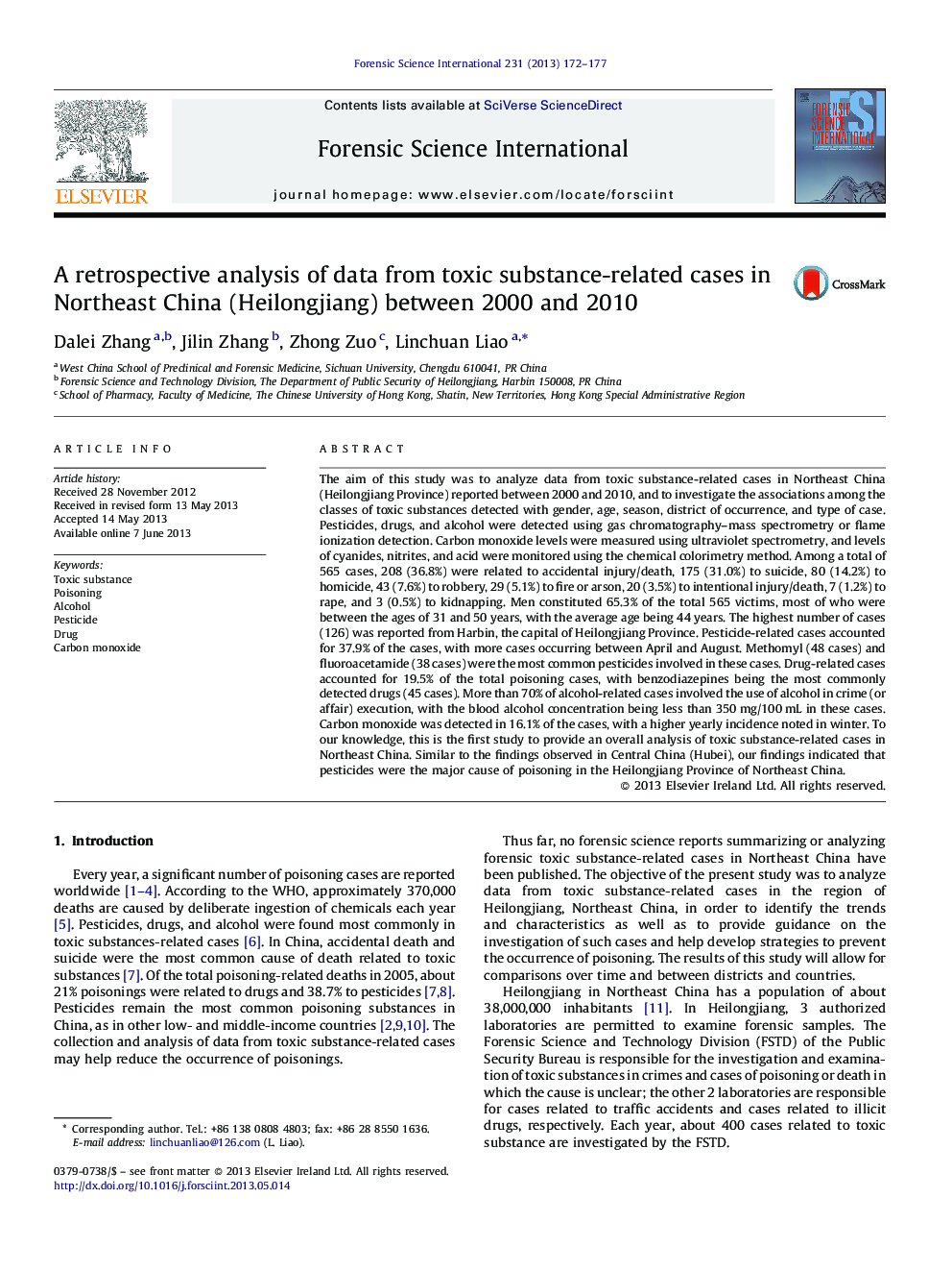 A retrospective analysis of data from toxic substance-related cases in Northeast China (Heilongjiang) between 2000 and 2010