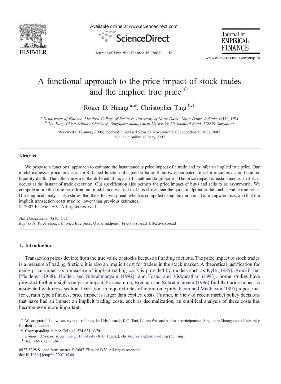 A functional approach to the price impact of stock trades and the implied true price 