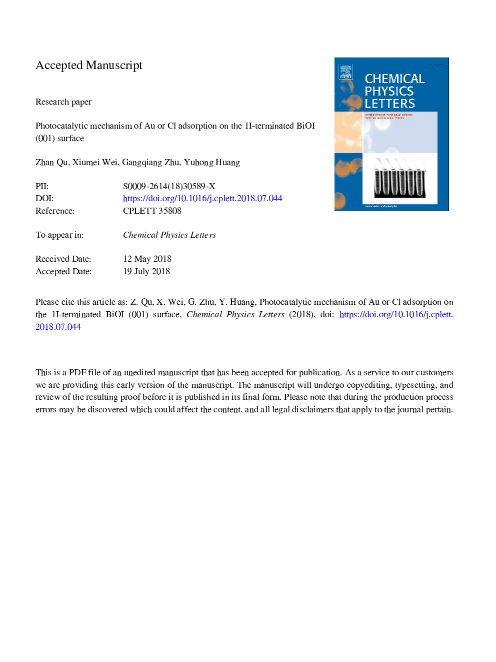 Photocatalytic mechanism of Au or Cl adsorption on the 1I-terminated BiOI (0â¯0â¯1) surface