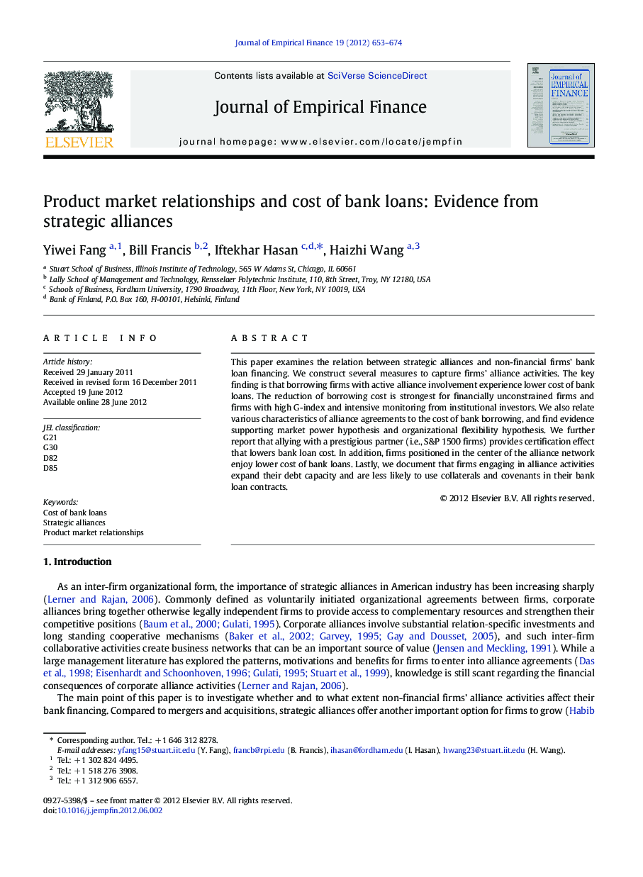 Product market relationships and cost of bank loans: Evidence from strategic alliances