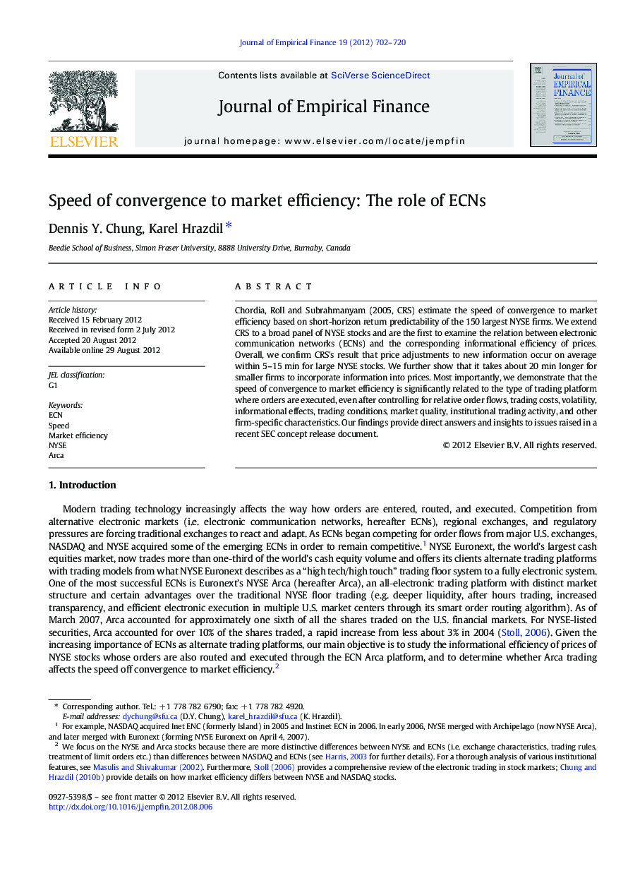 Speed of convergence to market efficiency: The role of ECNs