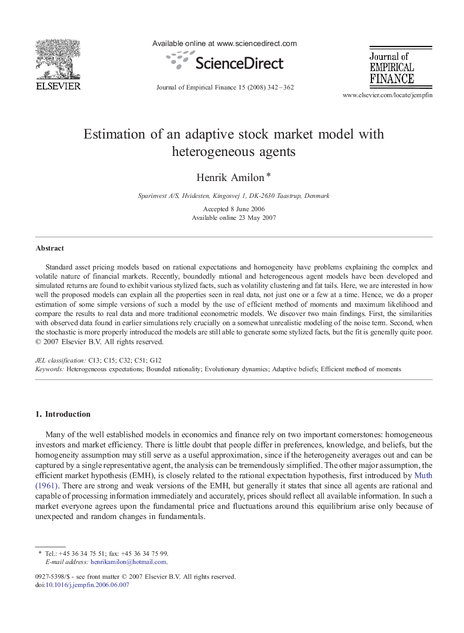 Estimation of an adaptive stock market model with heterogeneous agents