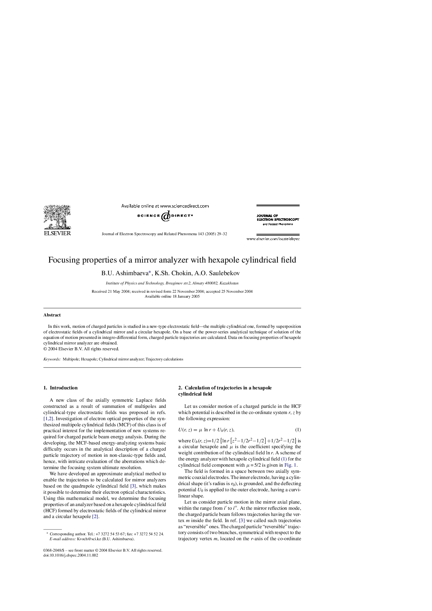 Focusing properties of a mirror analyzer with hexapole cylindrical field