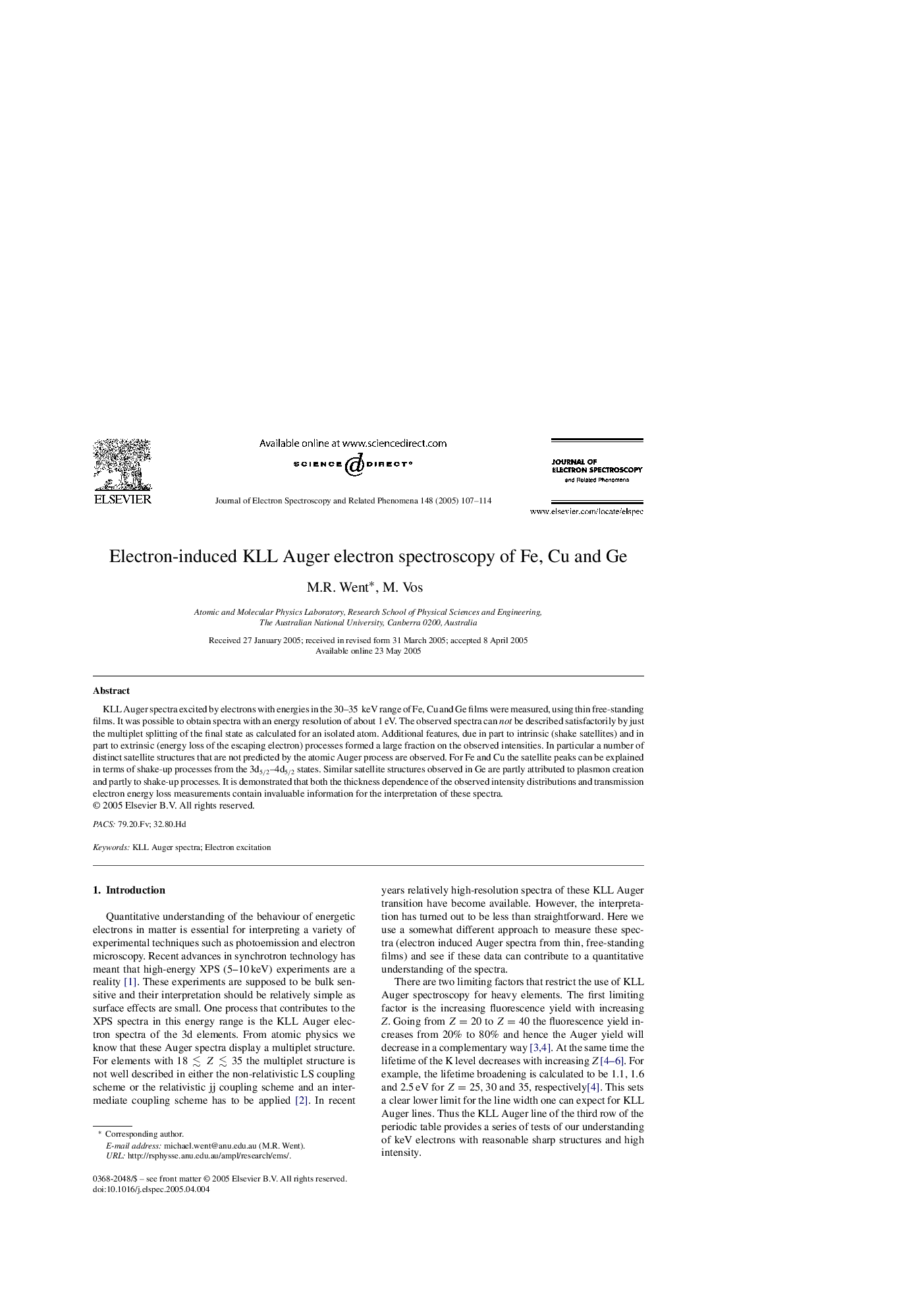 Electron-induced KLL Auger electron spectroscopy of Fe, Cu and Ge