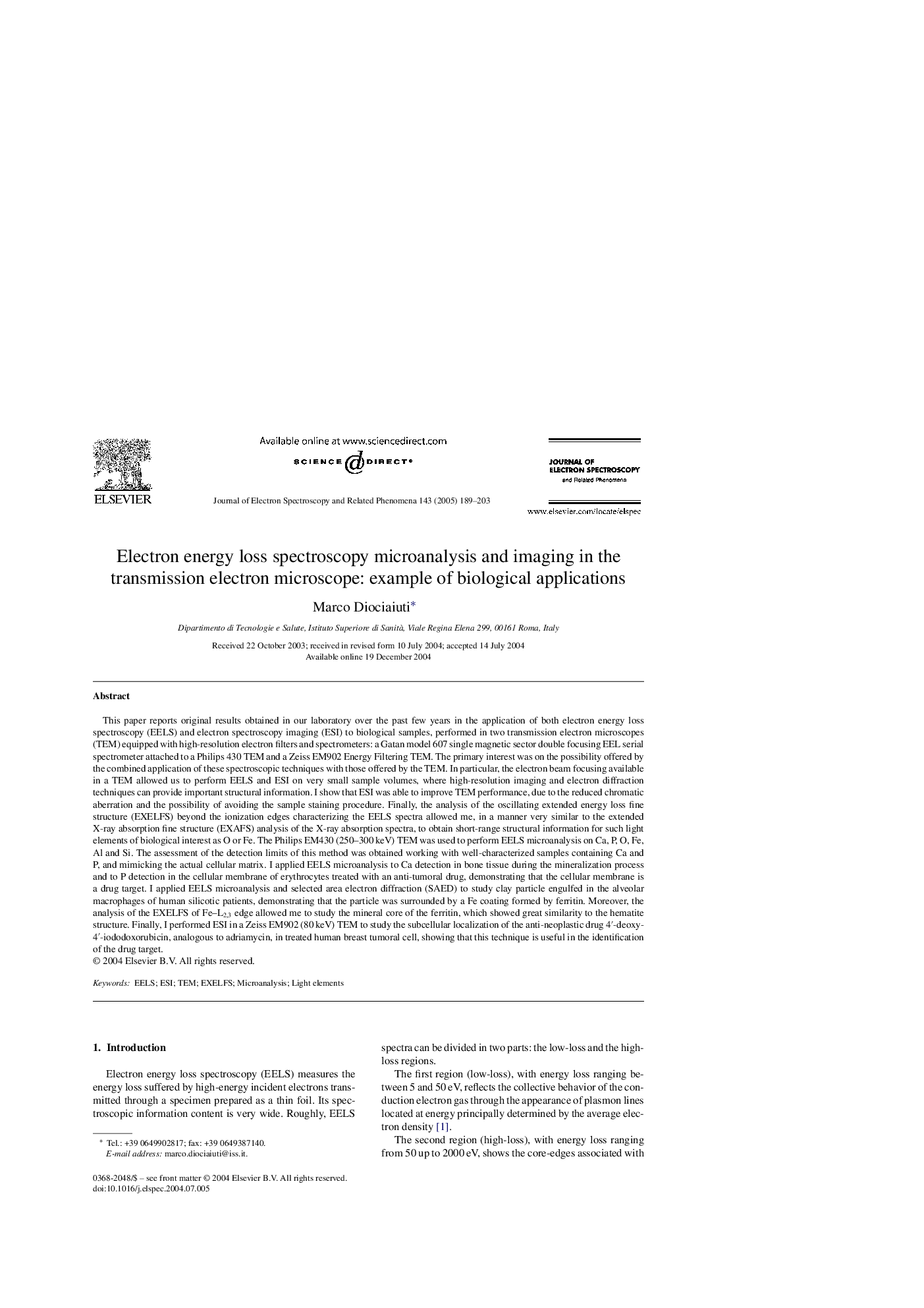 Electron energy loss spectroscopy microanalysis and imaging in the transmission electron microscope: example of biological applications