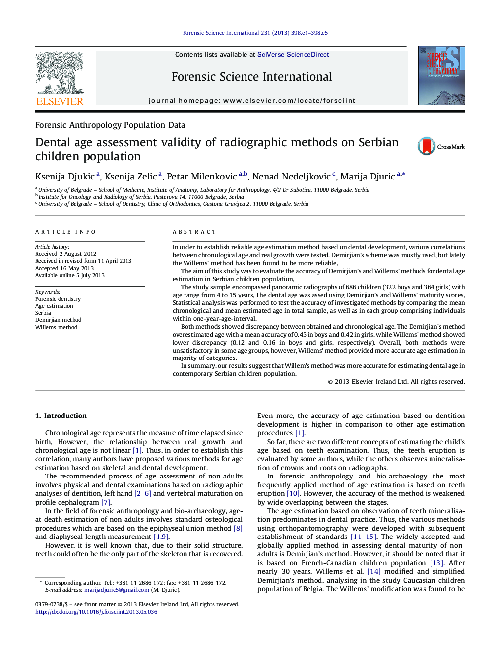 Dental age assessment validity of radiographic methods on Serbian children population