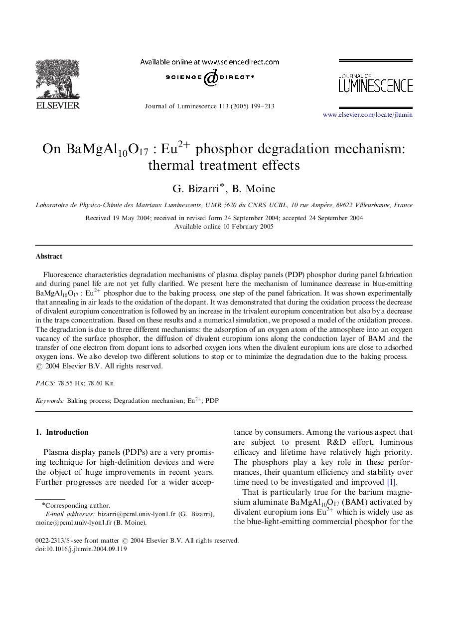 On BaMgAl10O17:Eu2+ phosphor degradation mechanism: thermal treatment effects