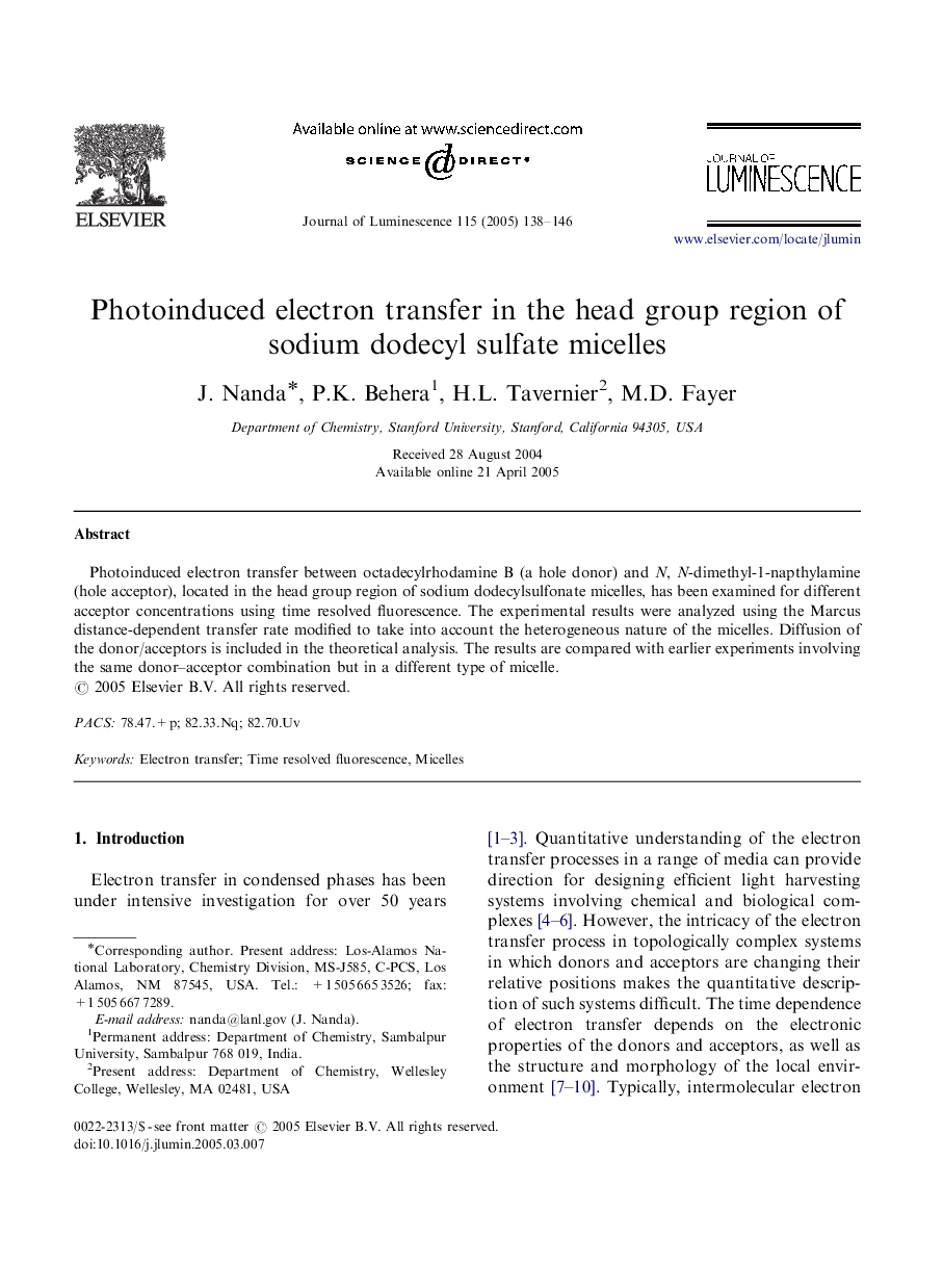 Photoinduced electron transfer in the head group region of sodium dodecyl sulfate micelles