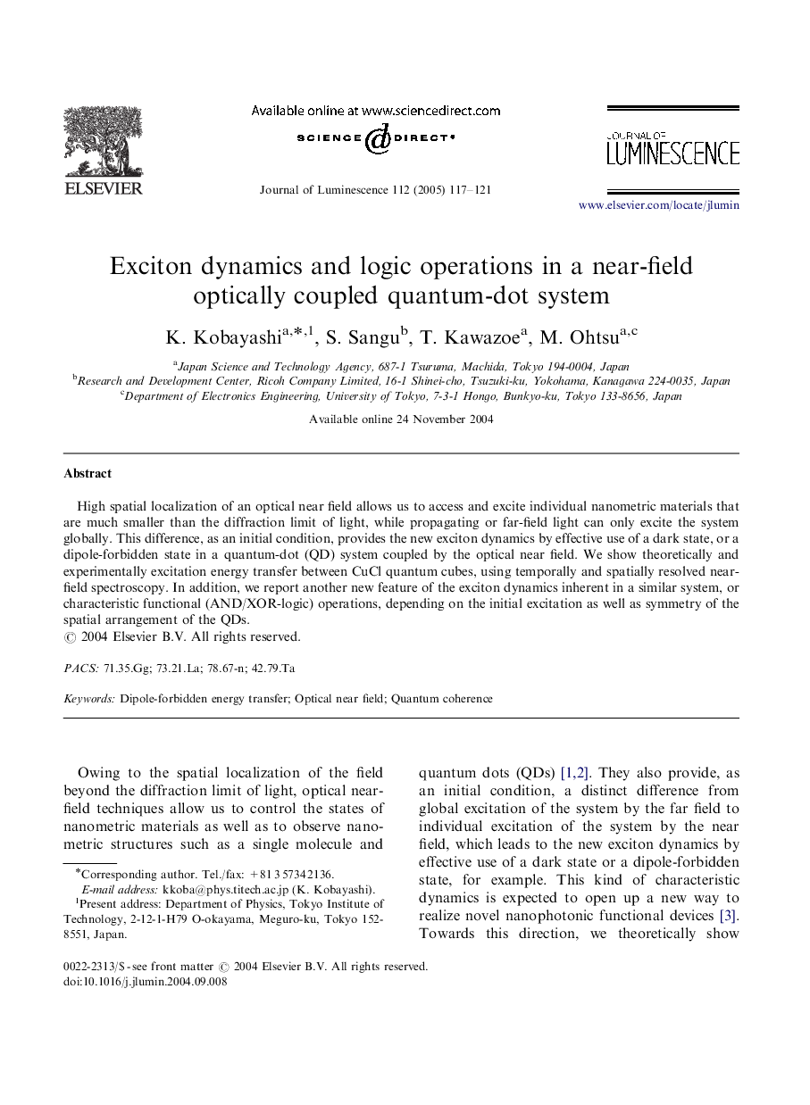 Exciton dynamics and logic operations in a near-field optically coupled quantum-dot system