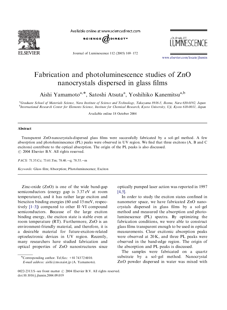 Fabrication and photoluminescence studies of ZnO nanocrystals dispersed in glass films