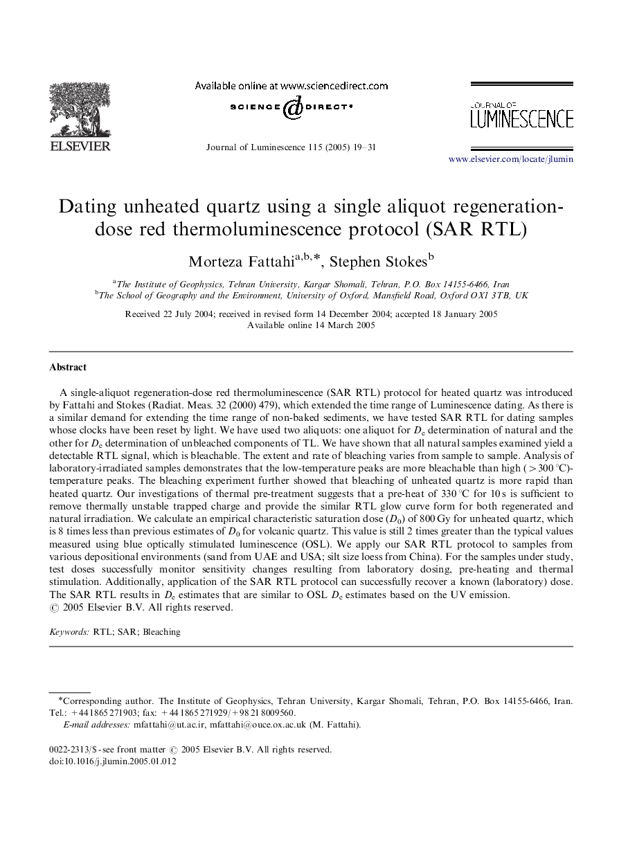 Dating unheated quartz using a single aliquot regeneration-dose red thermoluminescence protocol (SAR RTL)