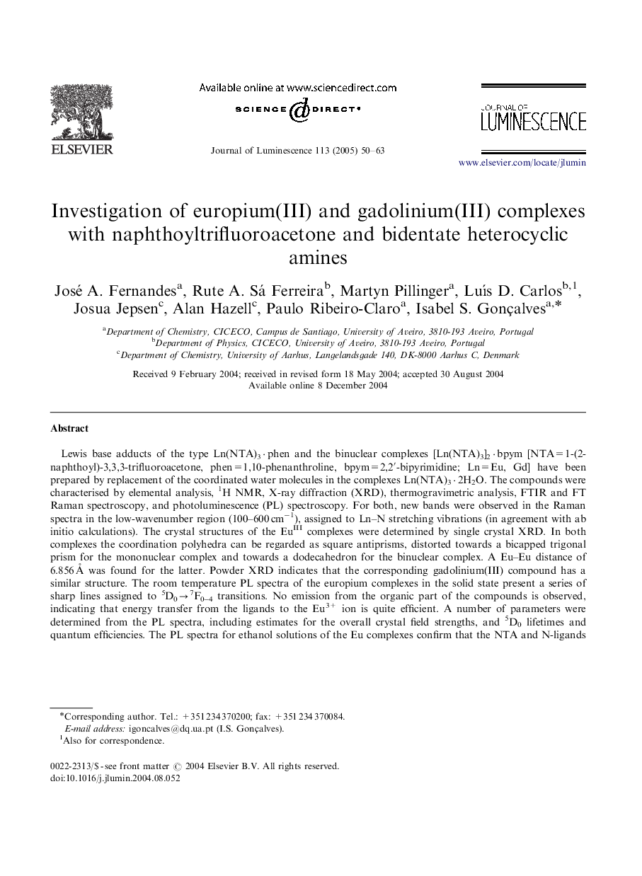 Investigation of europium(III) and gadolinium(III) complexes with naphthoyltrifluoroacetone and bidentate heterocyclic amines