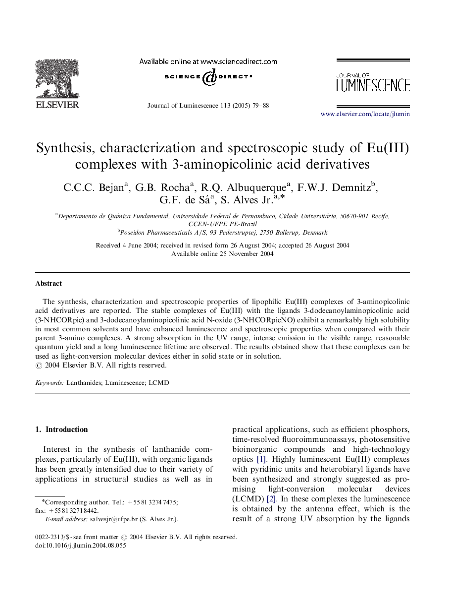 Synthesis, characterization and spectroscopic study of Eu(III) complexes with 3-aminopicolinic acid derivatives