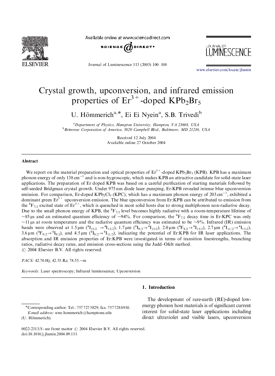 Crystal growth, upconversion, and infrared emission properties of Er3+-doped KPb2Br5