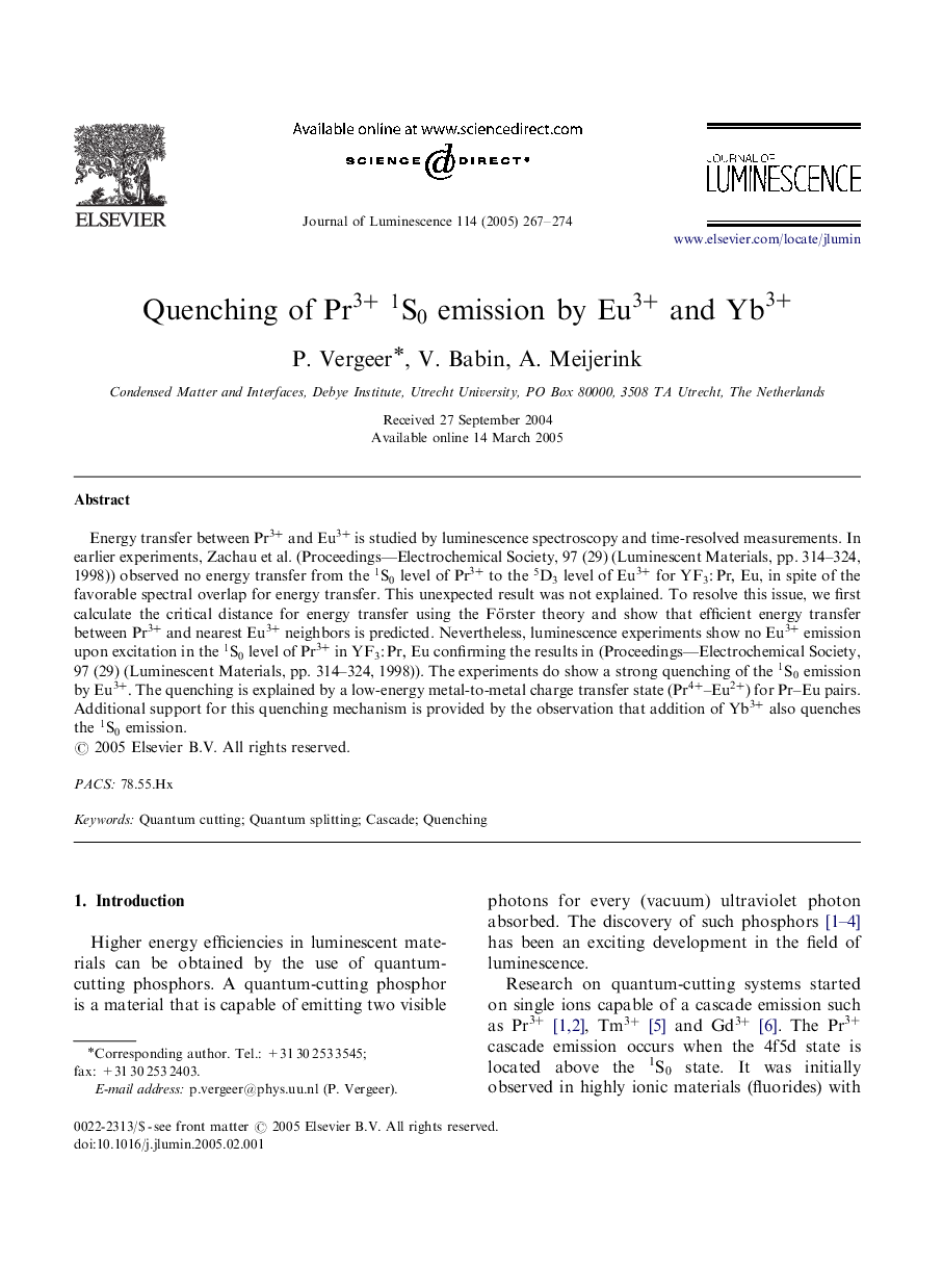 Quenching of Pr3+1S0 emission by Eu3+ and Yb3+