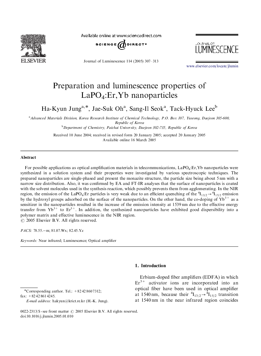 Preparation and luminescence properties of LaPO4:Er,Yb nanoparticles