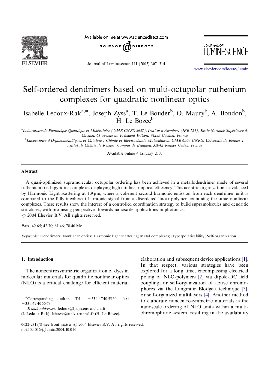 Self-ordered dendrimers based on multi-octupolar ruthenium complexes for quadratic nonlinear optics