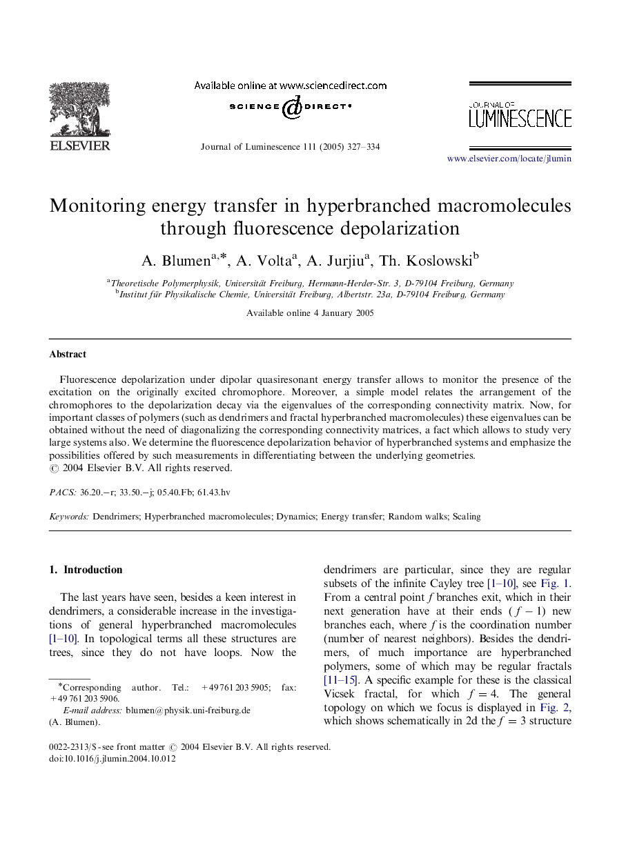 Monitoring energy transfer in hyperbranched macromolecules through fluorescence depolarization