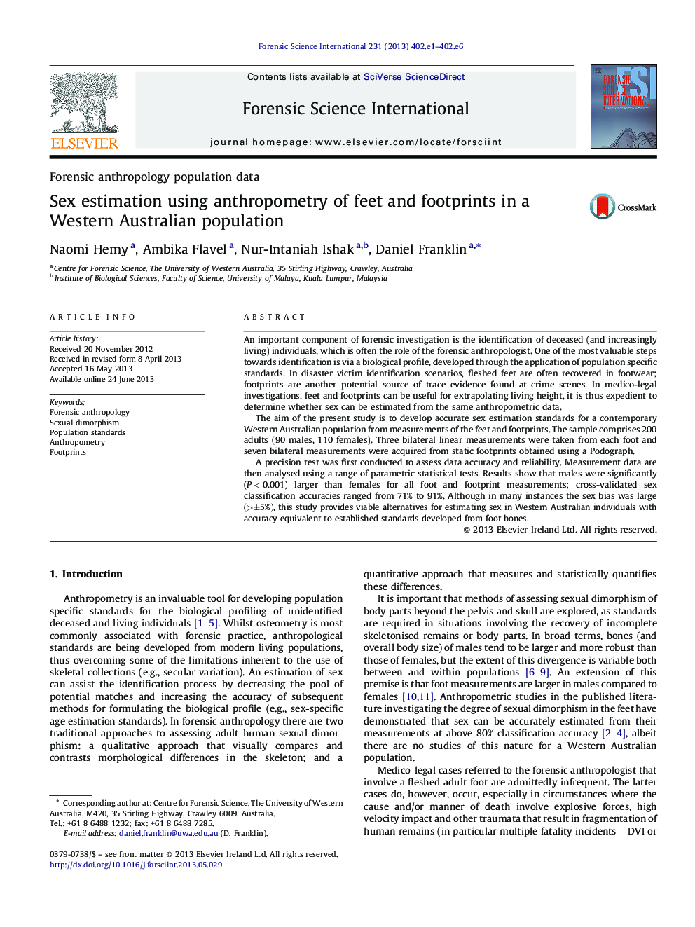 Sex estimation using anthropometry of feet and footprints in a Western Australian population