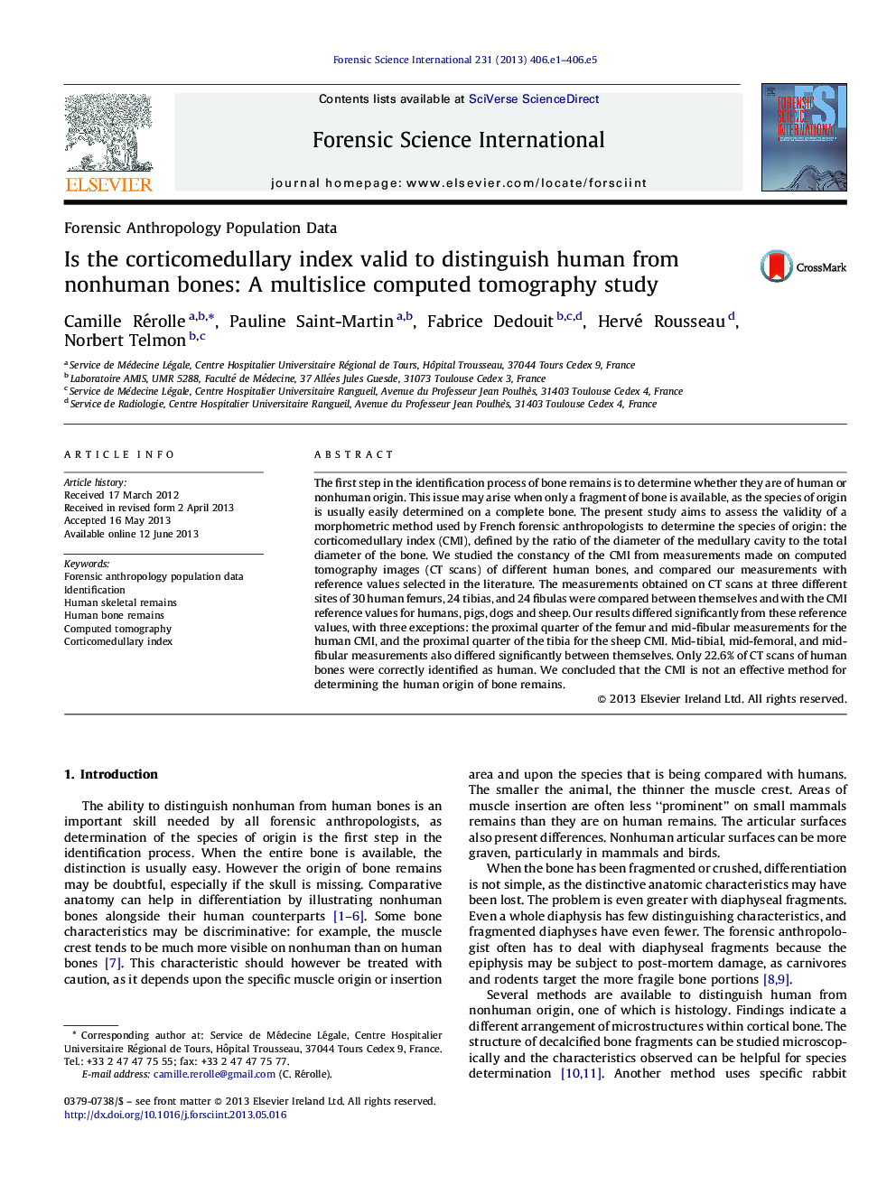 Is the corticomedullary index valid to distinguish human from nonhuman bones: A multislice computed tomography study