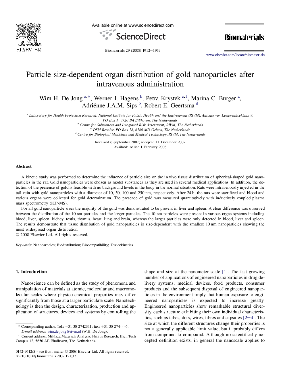 Particle size-dependent organ distribution of gold nanoparticles after intravenous administration