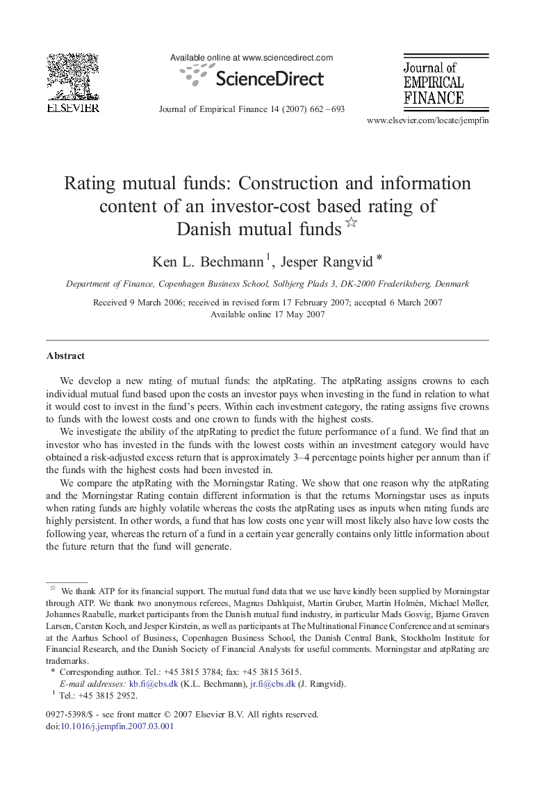 Rating mutual funds: Construction and information content of an investor-cost based rating of Danish mutual funds