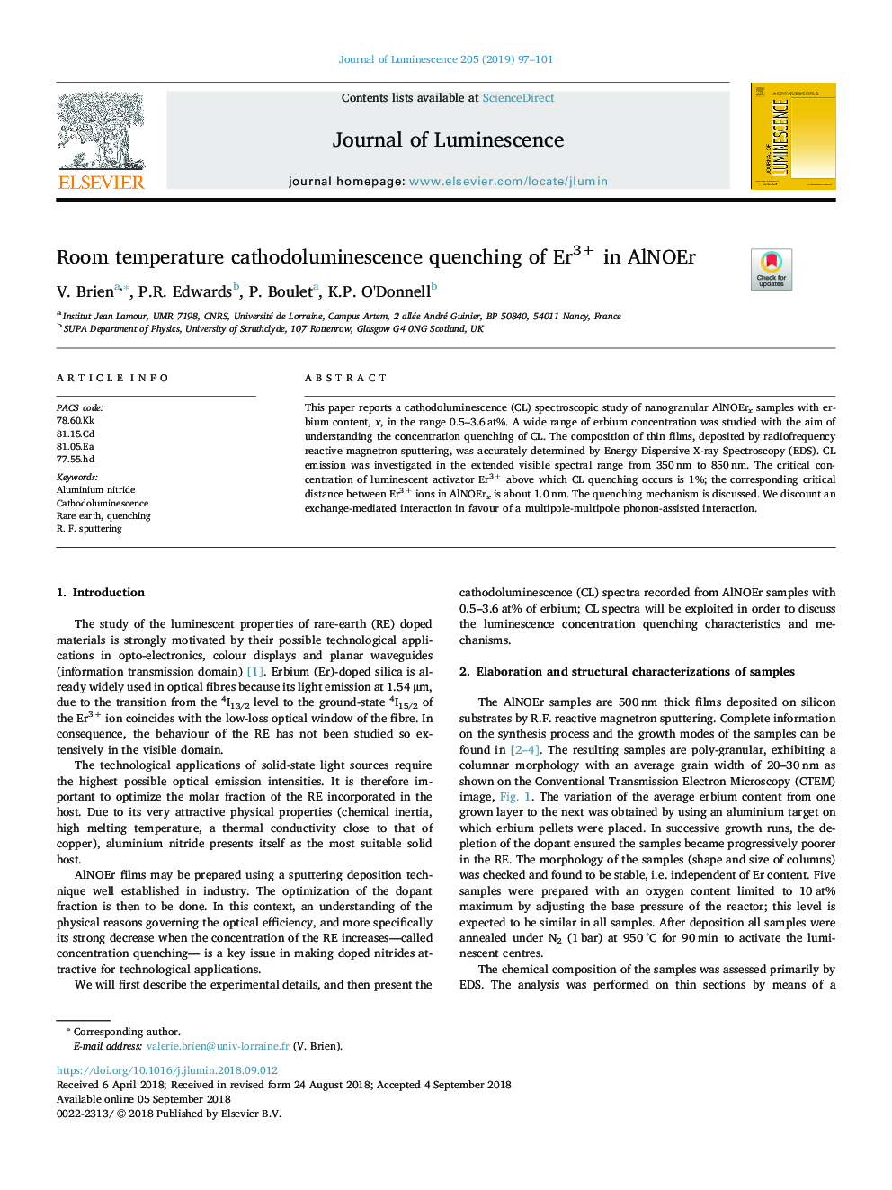 Room temperature cathodoluminescence quenching of Er3+ in AlNOEr