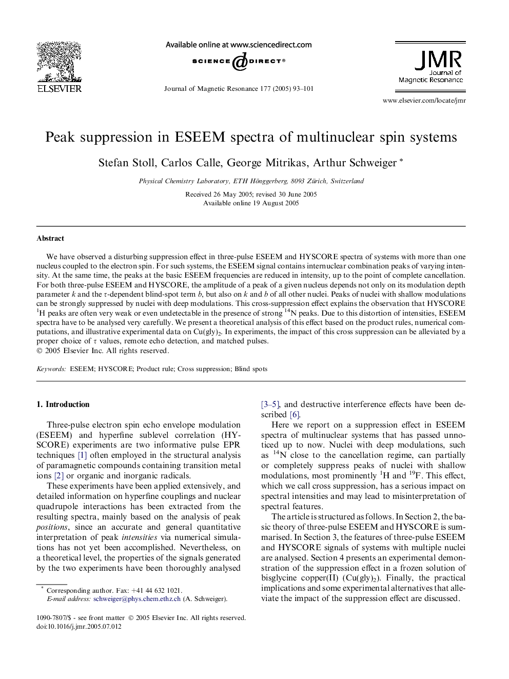 Peak suppression in ESEEM spectra of multinuclear spin systems