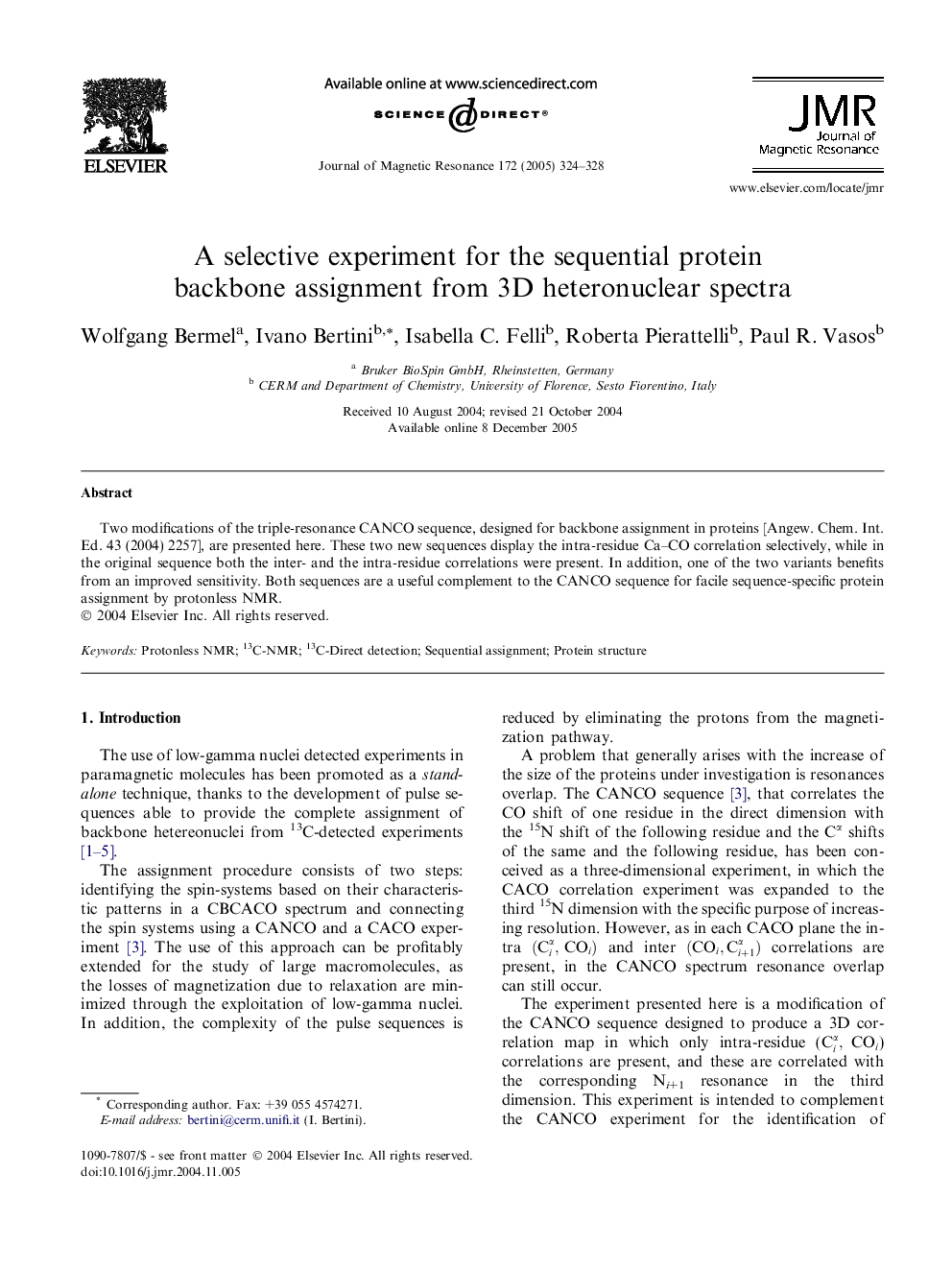 A selective experiment for the sequential protein backbone assignment from 3D heteronuclear spectra