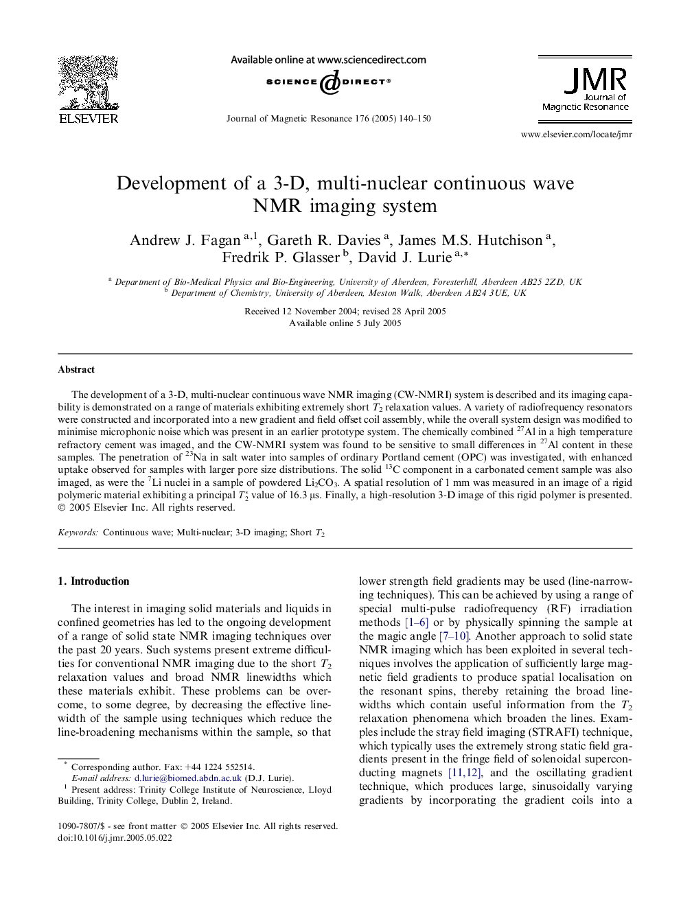 Development of a 3-D, multi-nuclear continuous wave NMR imaging system