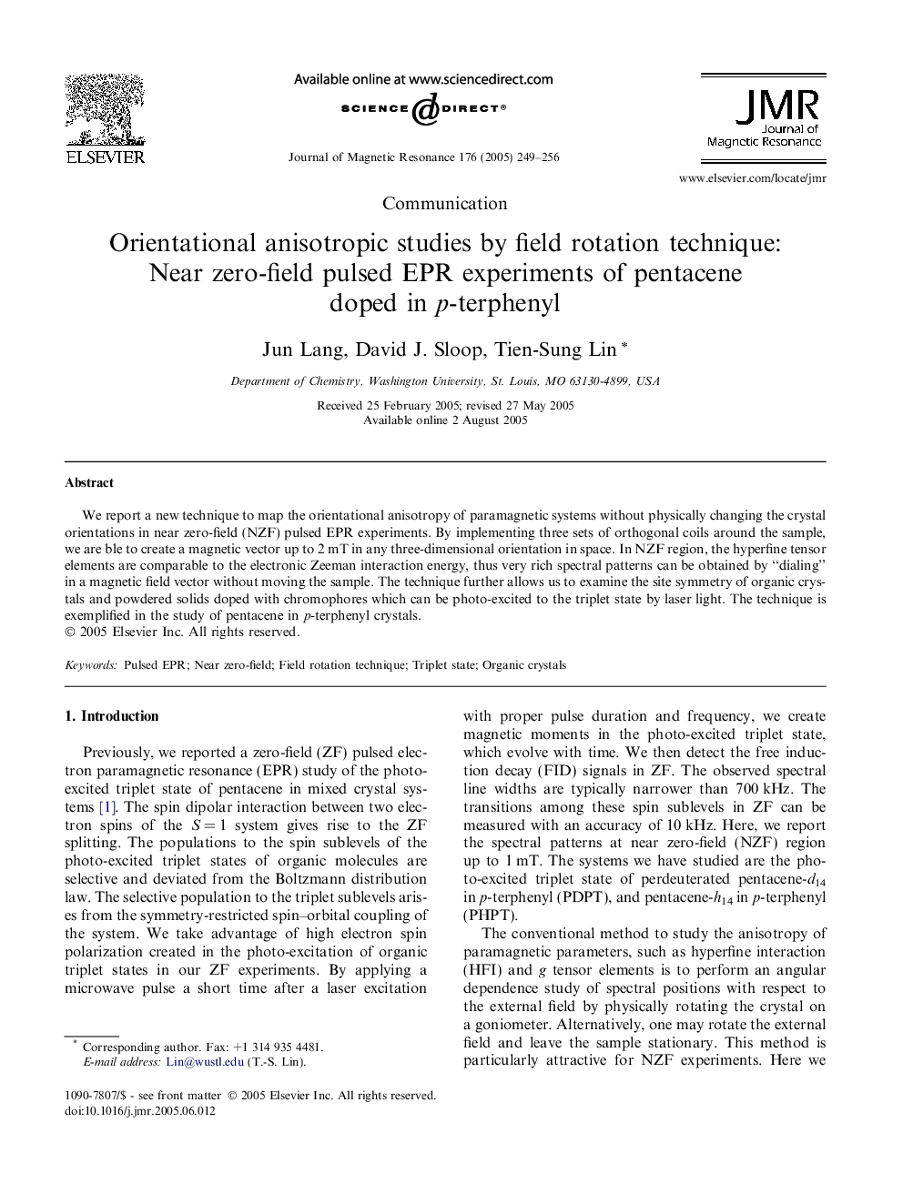 Orientational anisotropic studies by field rotation technique: Near zero-field pulsed EPR experiments of pentacene doped in p-terphenyl